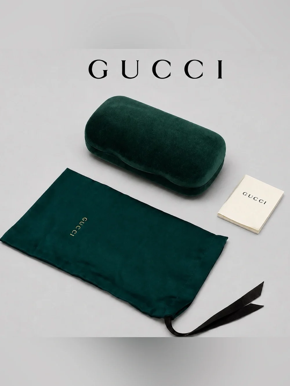 Gucci Eyewear Case Set – Emerald Velvet Case, Dust Bag, Cleaning Cloth